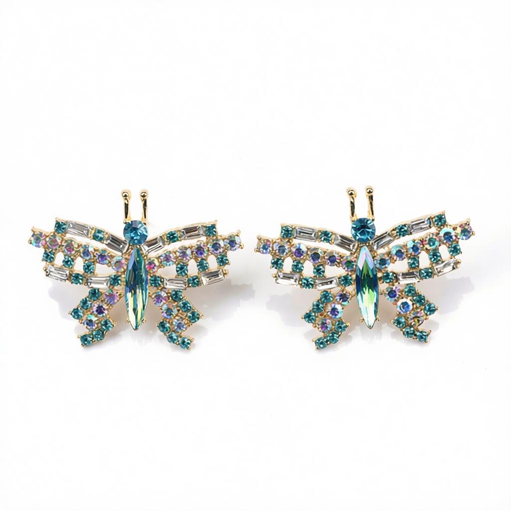 Green Crystal and Cubic Zirconia Butterfly Stud Earrings, cubic zirconia stud earrings for women, everyday style, side view
