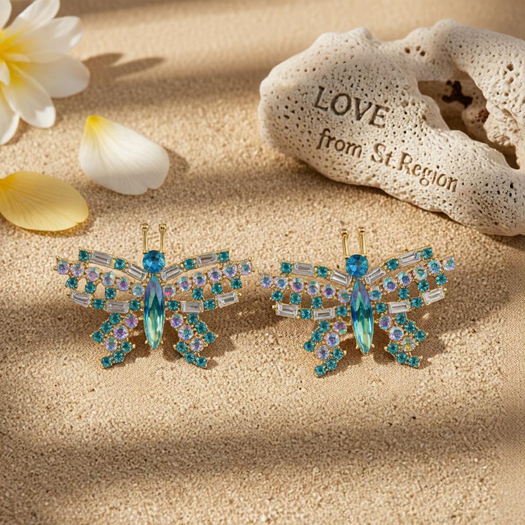 Green Crystal and Cubic Zirconia Butterfly Stud Earrings, cubic zirconia stud earrings for women, lifestyle look