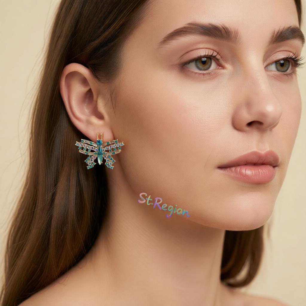 Green Crystal and Cubic Zirconia Butterfly Stud Earrings, cubic zirconia stud earrings for women, everyday style, styled look