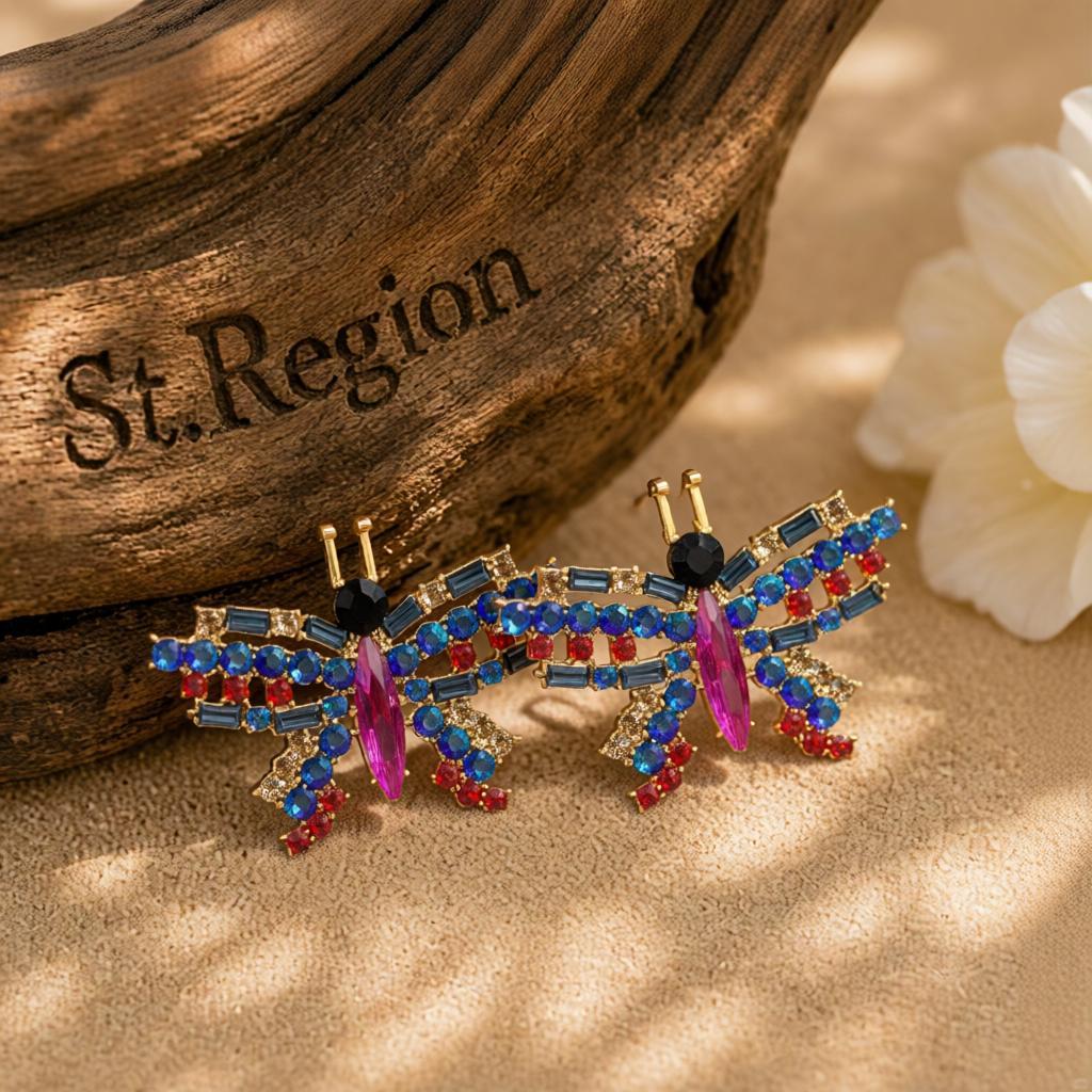 Blue Crystal and Cubic Zirconia Butterfly Stud Earrings, stud earrings for women, everyday style, front view