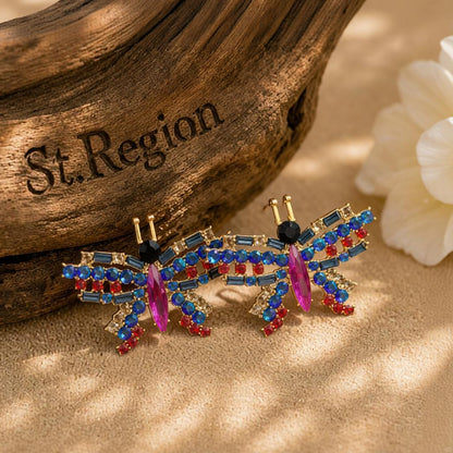 Blue Crystal and Cubic Zirconia Butterfly Stud Earrings, stud earrings for women, everyday style, front view