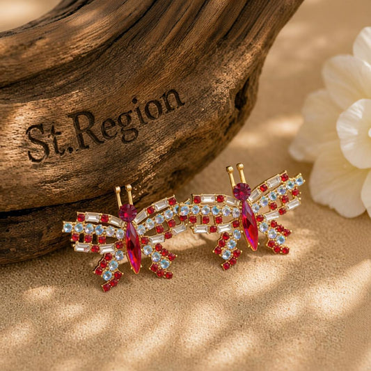 Red Crystal & Cubic Zirconia Butterfly Stud Earrings