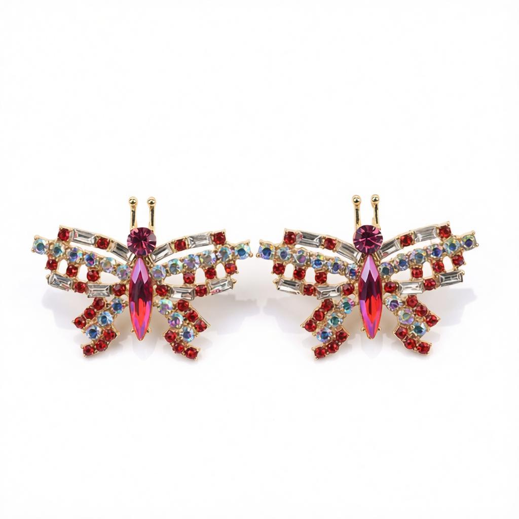 Red Crystal and Cubic Zirconia Butterfly Stud Earrings, cubic zirconia stud earrings for women, side view