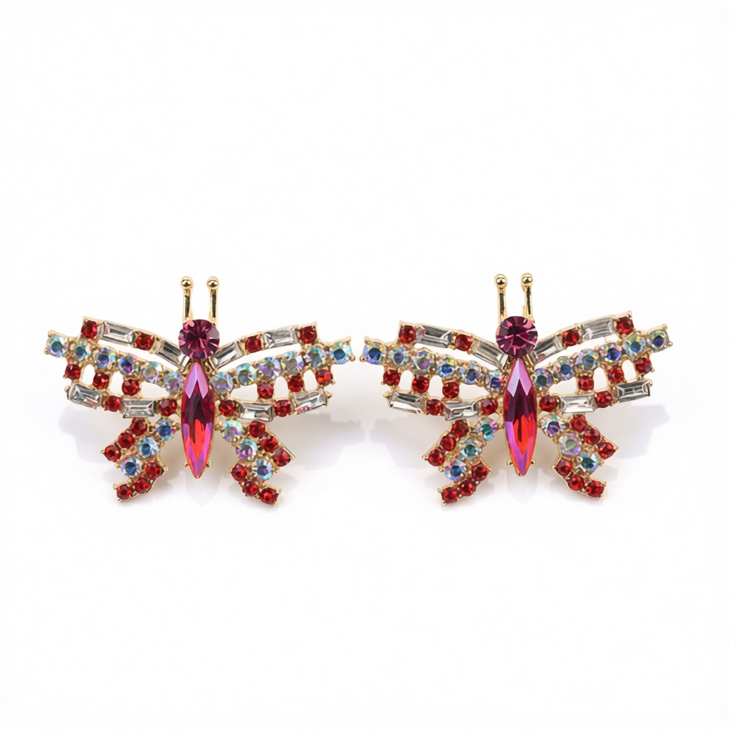 Red Crystal & Cubic Zirconia Butterfly Stud Earrings