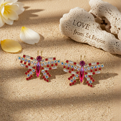 Red Crystal & Cubic Zirconia Butterfly Stud Earrings