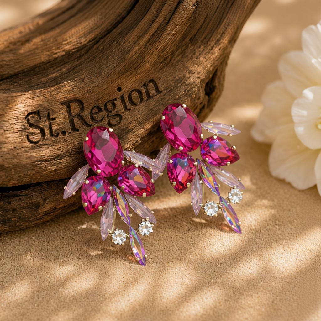Red Crystal and Cubic Zirconia Drop Earrings, drop earrings for women, botanical inspired, front view