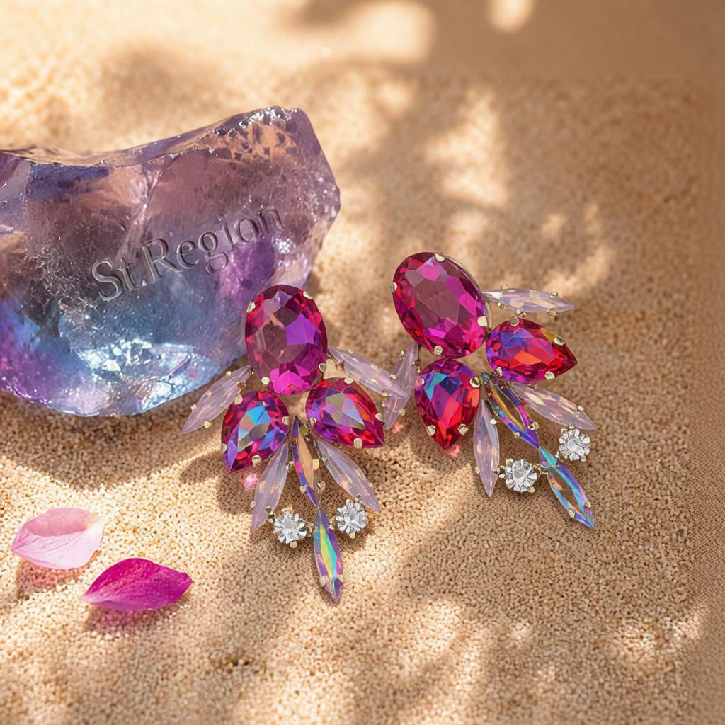 Red Crystal and Cubic Zirconia Drop Earrings, drop earrings for women, botanical inspired, detail close-up