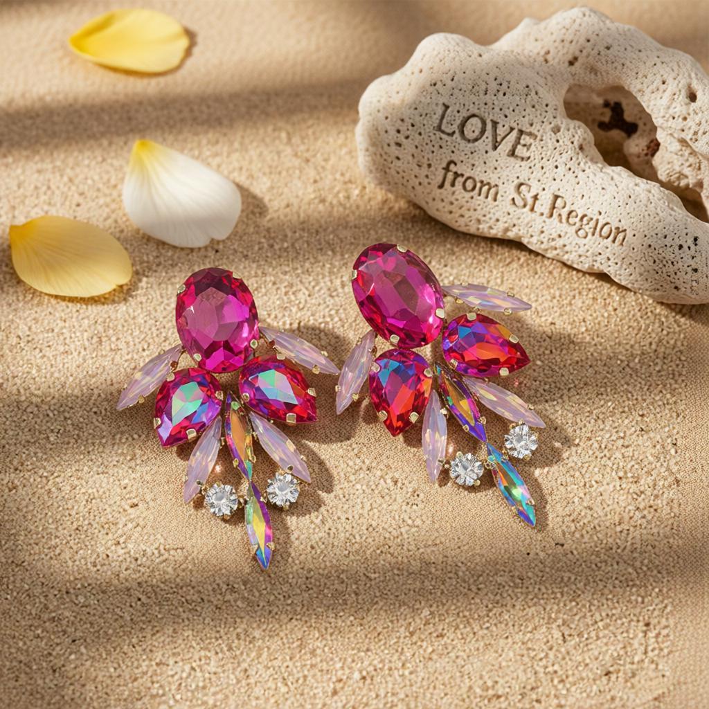 Red Crystal and Cubic Zirconia Drop Earrings, drop earrings for women, botanical inspired, lifestyle look