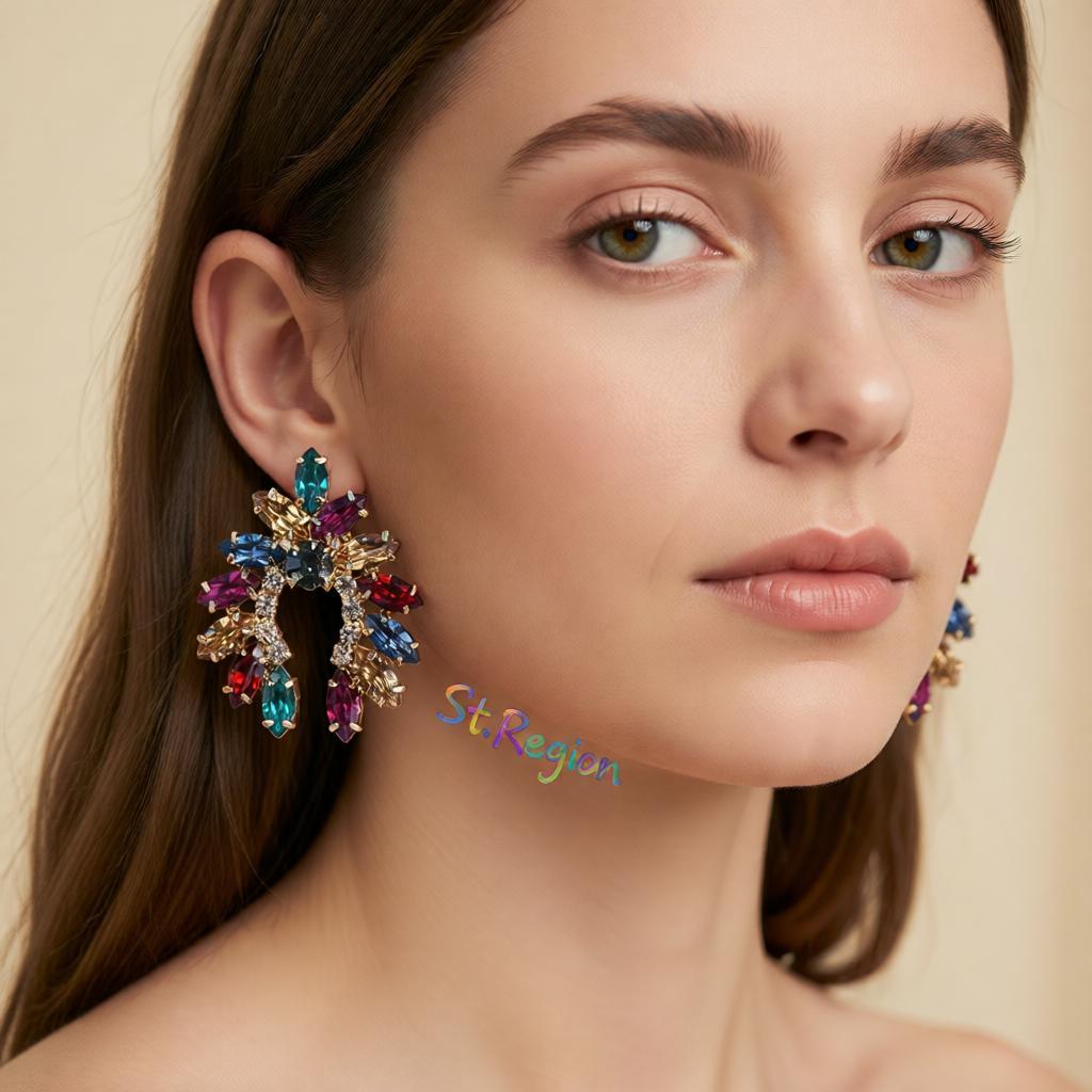 Rainbow Crystal and Cubic Zirconia Curved Stud Earrings, cubic zirconia stud earrings for women, styled look