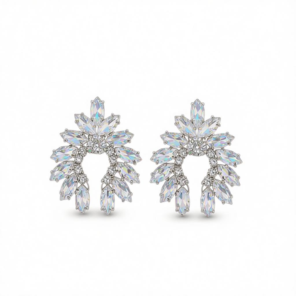 Crystal and Cubic Zirconia Curved Stud Earrings, stud earrings for women, botanical inspired, side view