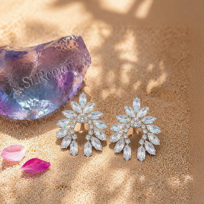 Crystal and Cubic Zirconia Curved Stud Earrings, stud earrings for women, botanical inspired, detail close-up