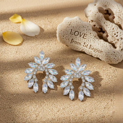 Crystal and Cubic Zirconia Curved Stud Earrings, stud earrings for women, botanical inspired, lifestyle look