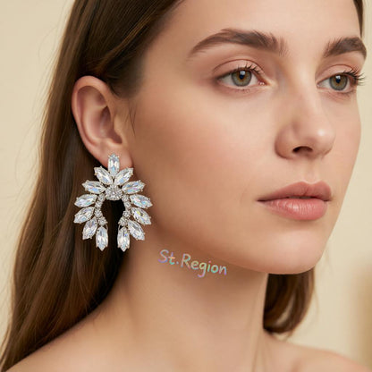 Crystal and Cubic Zirconia Curved Stud Earrings, stud earrings for women, botanical inspired, styled look