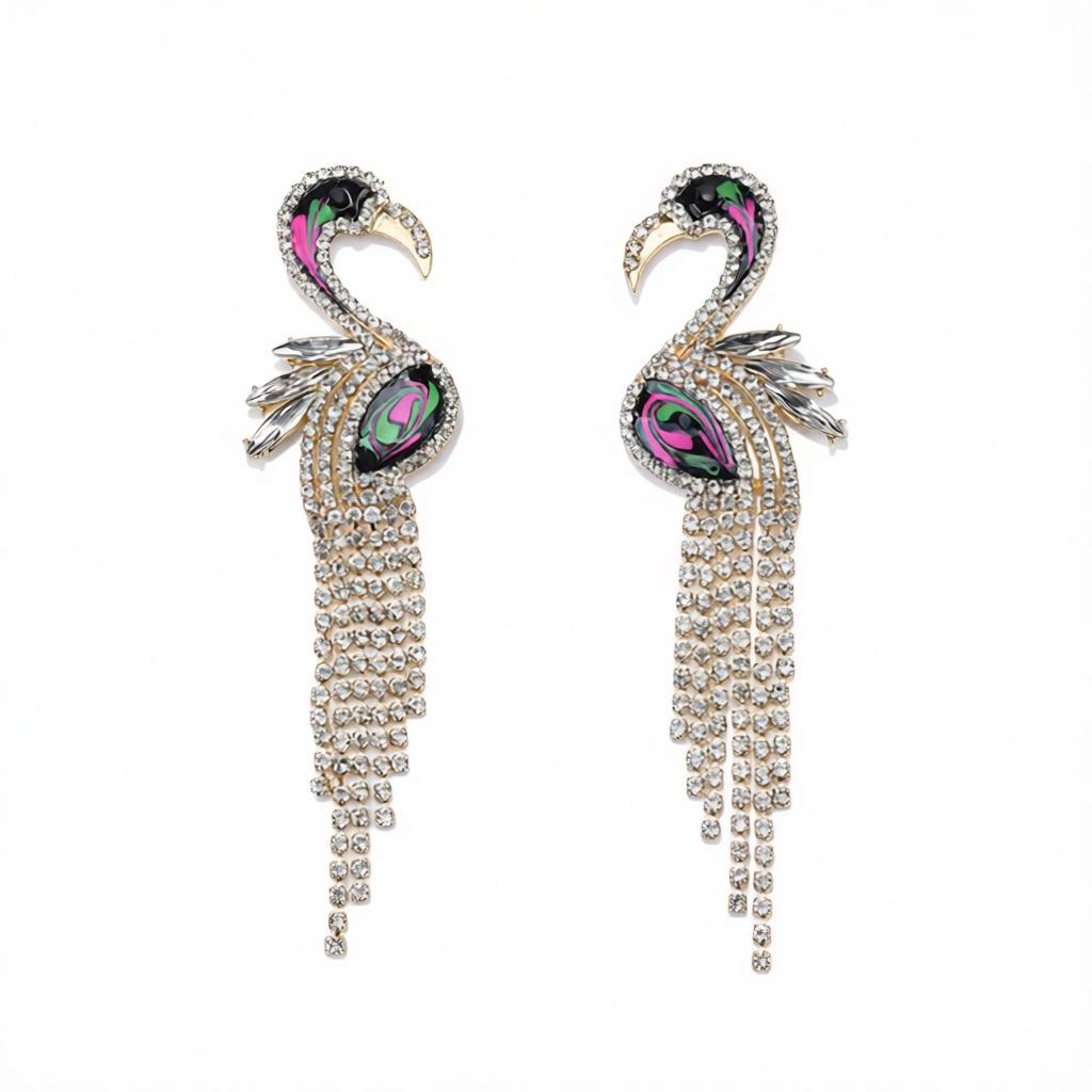 Cubic Zirconia and Enamel 18K Gold-Plated Flamingo Drop Earrings, gold drop earrings for women, side view