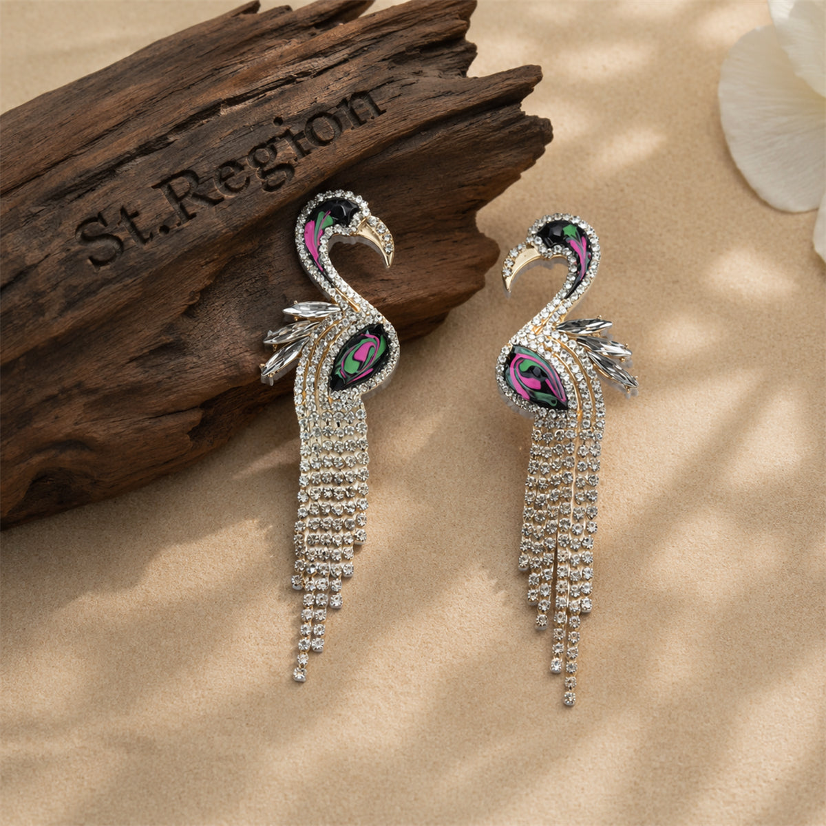 Cubic Zirconia & Enamel 18K Gold-Plated Flamingo Drop Earrings