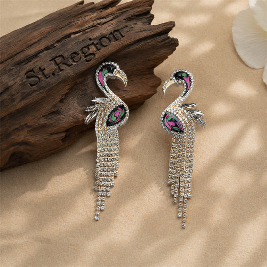 Cubic Zirconia & Enamel 18K Gold-Plated Flamingo Drop Earrings