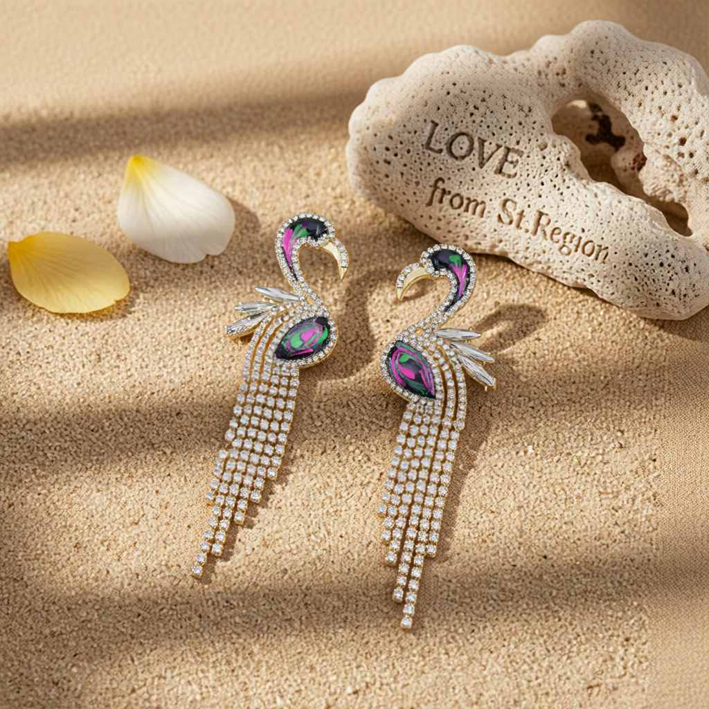 Cubic Zirconia & Enamel 18K Gold-Plated Flamingo Drop Earrings