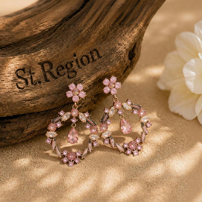 Champagne Crystal and Cubic Zirconia Open Flower Drop Earrings, drop earrings for women, vintage-inspired design, front view