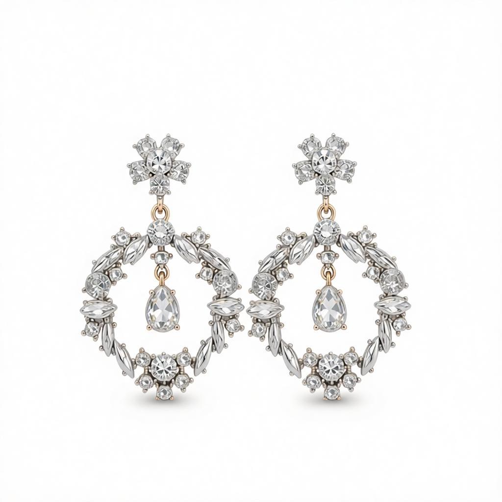 Crystal and Cubic Zirconia Open Flower Drop Earrings, drop earrings for women, elegant gift for her, side view