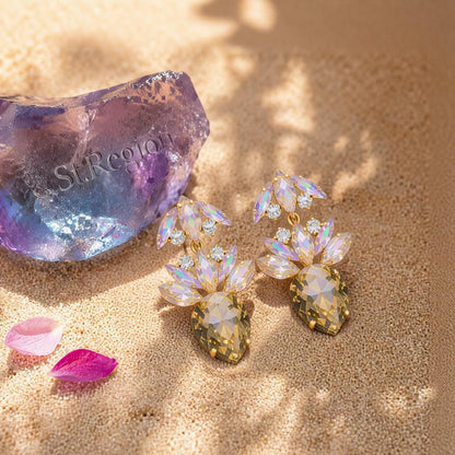 Champagne Crystal and Cubic Zirconia Wreath Drop Earrings, drop earrings for women, botanical inspired, detail close-up