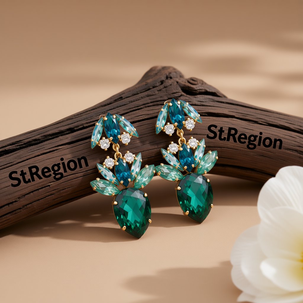 Green Crystal and Cubic Zirconia Double Drop Earrings, drop earrings for women, dainty minimalist design, front view