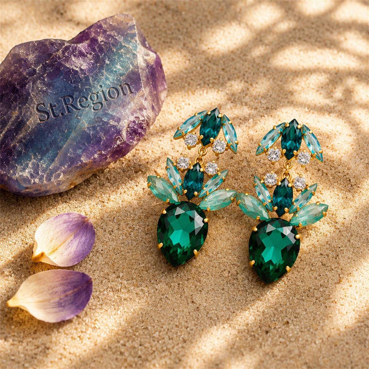 Green Crystal and Cubic Zirconia Double Drop Earrings, drop earrings for women, detail close-up