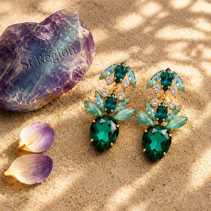 Green Crystal and Cubic Zirconia Double Drop Earrings, drop earrings for women, detail close-up