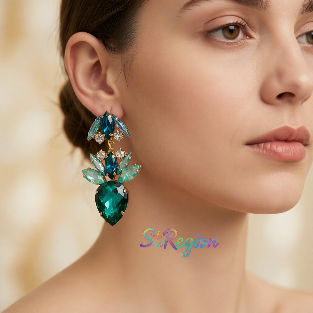 Green Crystal and Cubic Zirconia Double Drop Earrings, drop earrings for women, dainty minimalist design, styled look