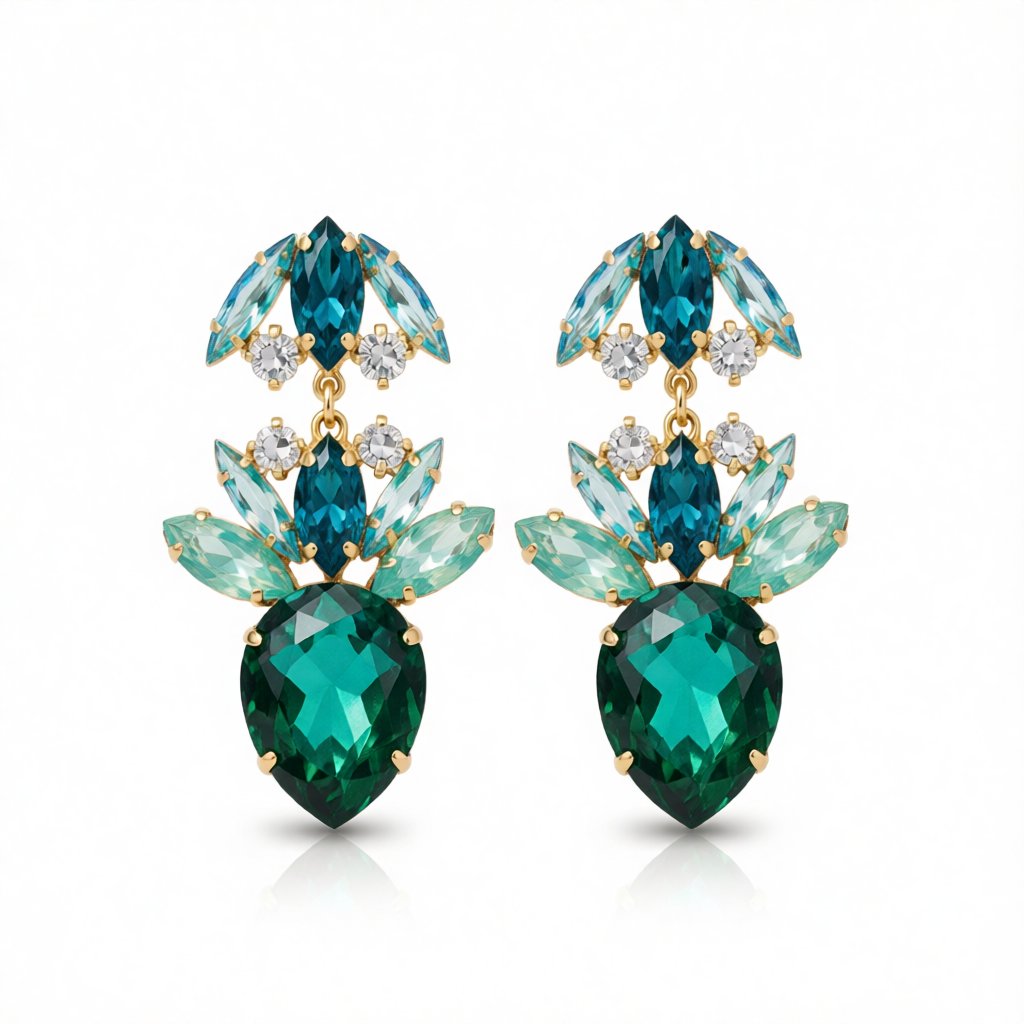 Green Crystal and Cubic Zirconia Double Drop Earrings, drop earrings for women, dainty minimalist design, side view
