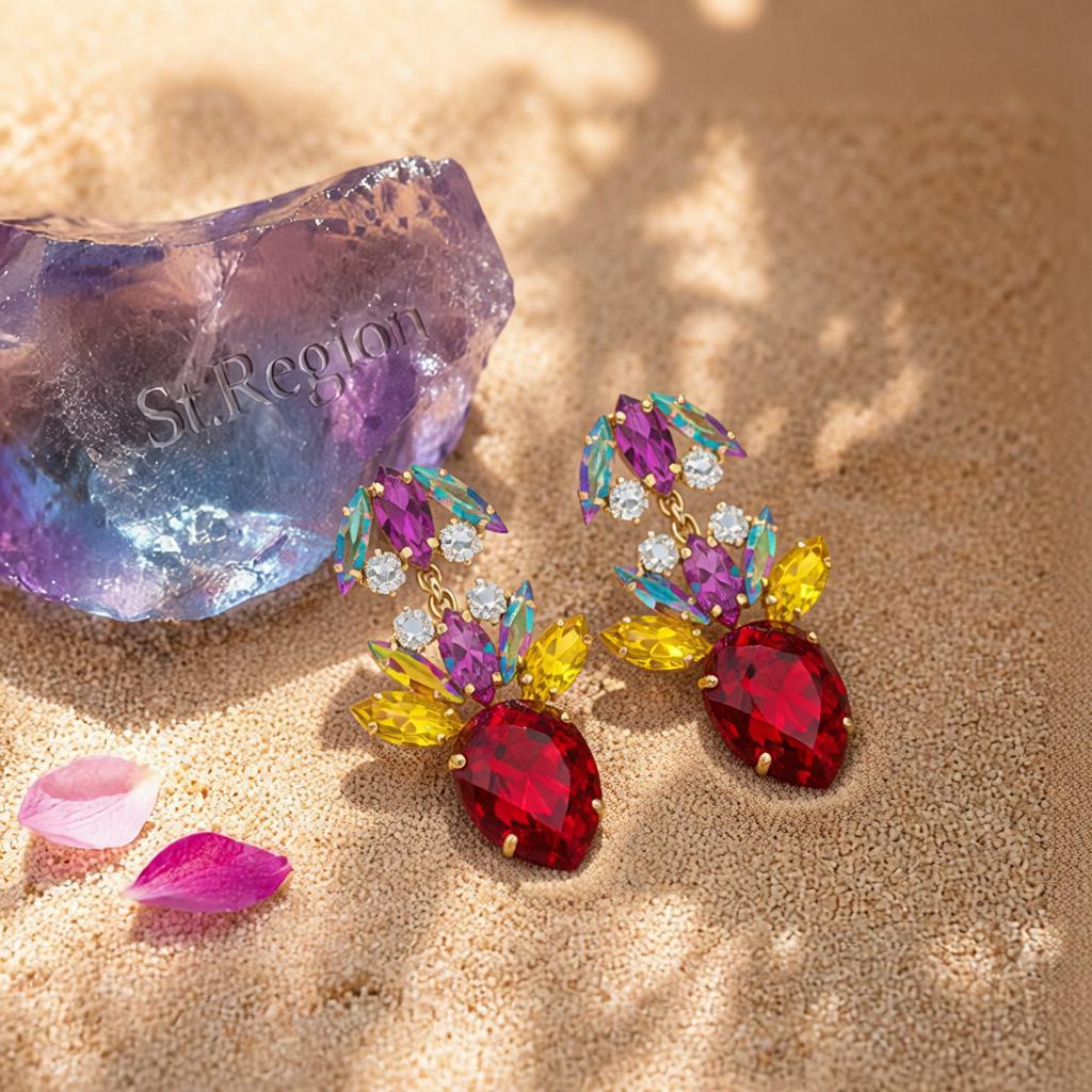 Red Crystal and Cubic Zirconia Double Drop Earrings, drop earrings for women, dainty minimalist design, detail close-up