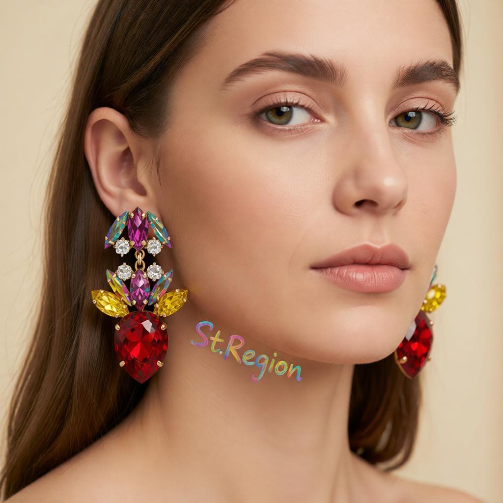 Red Crystal and Cubic Zirconia Double Drop Earrings, drop earrings for women, dainty minimalist design, styled look