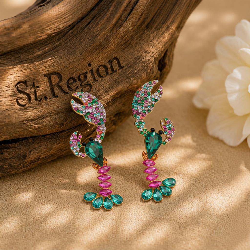 Green Crystal and Cubic Zirconia Lobster Drop Earrings, drop earrings for women, botanical inspired, front view