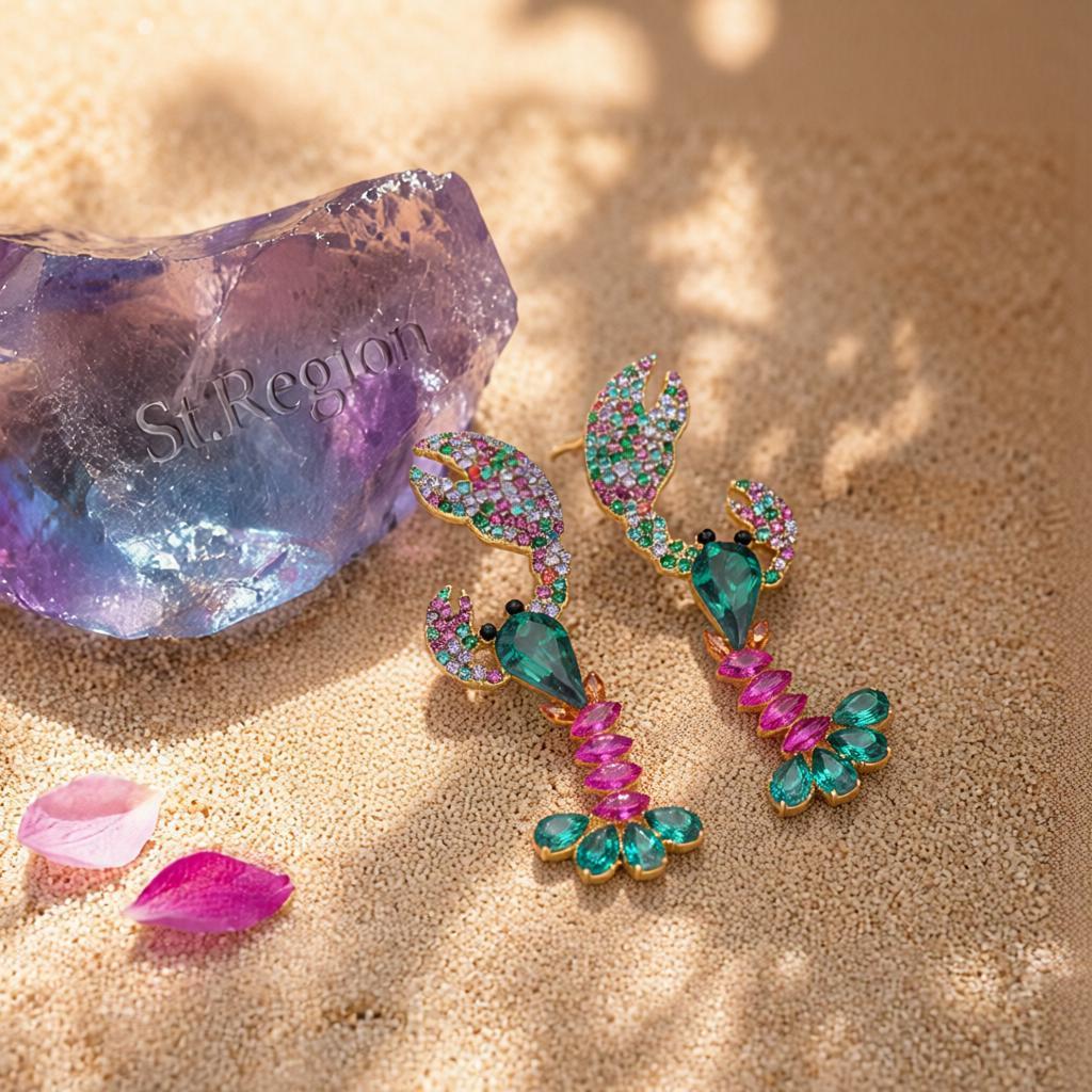 Green Crystal and Cubic Zirconia Lobster Drop Earrings, drop earrings for women, botanical inspired, detail close-up