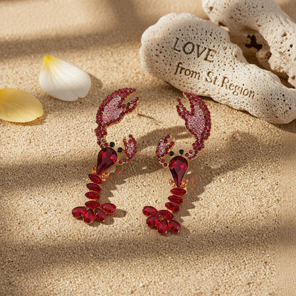 Red Crystal and Cubic Zirconia Lobster Drop Earrings, drop earrings for women, vintage-inspired design, detail close-up