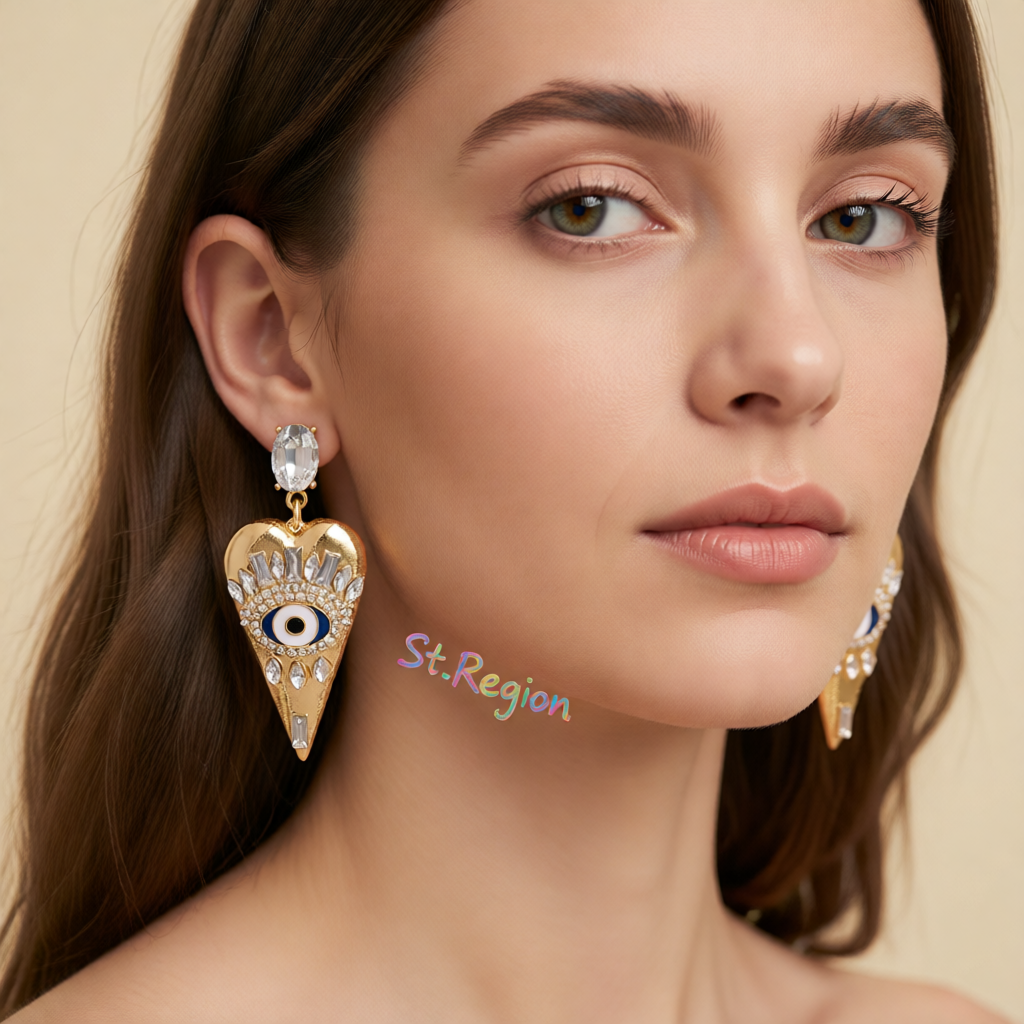 Crystal & Cubic Zirconia Eye Pinted Heart Drop Earrings