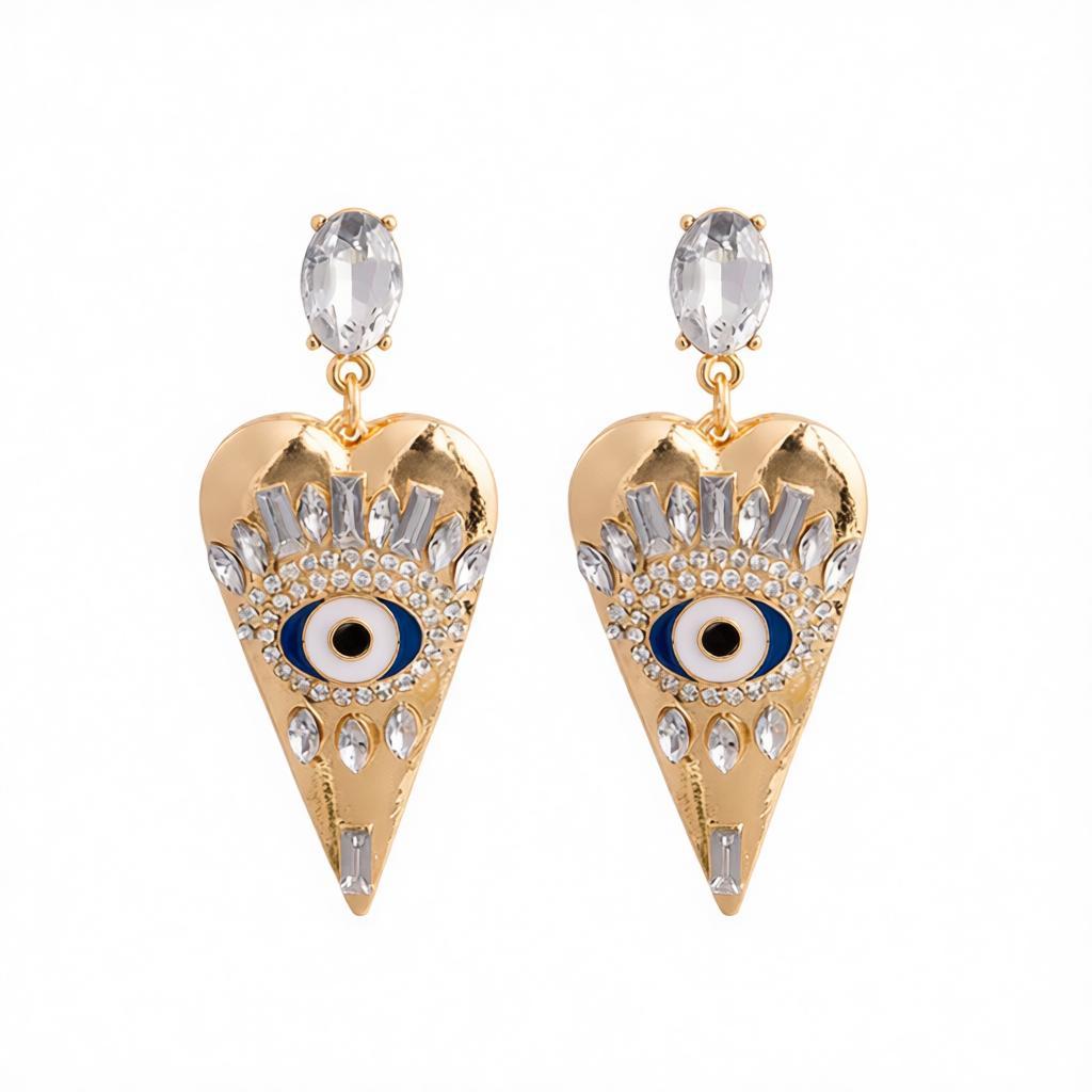 Crystal and Cubic Zirconia Eye Pinted Heart Drop Earrings, drop earrings for women, dainty minimalist design, side view