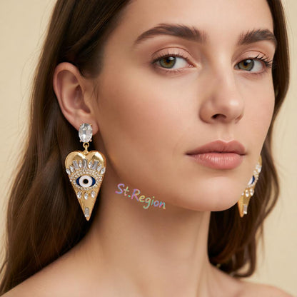 Crystal and Cubic Zirconia Eye Pinted Heart Drop Earrings, drop earrings for women, dainty minimalist design, styled look
