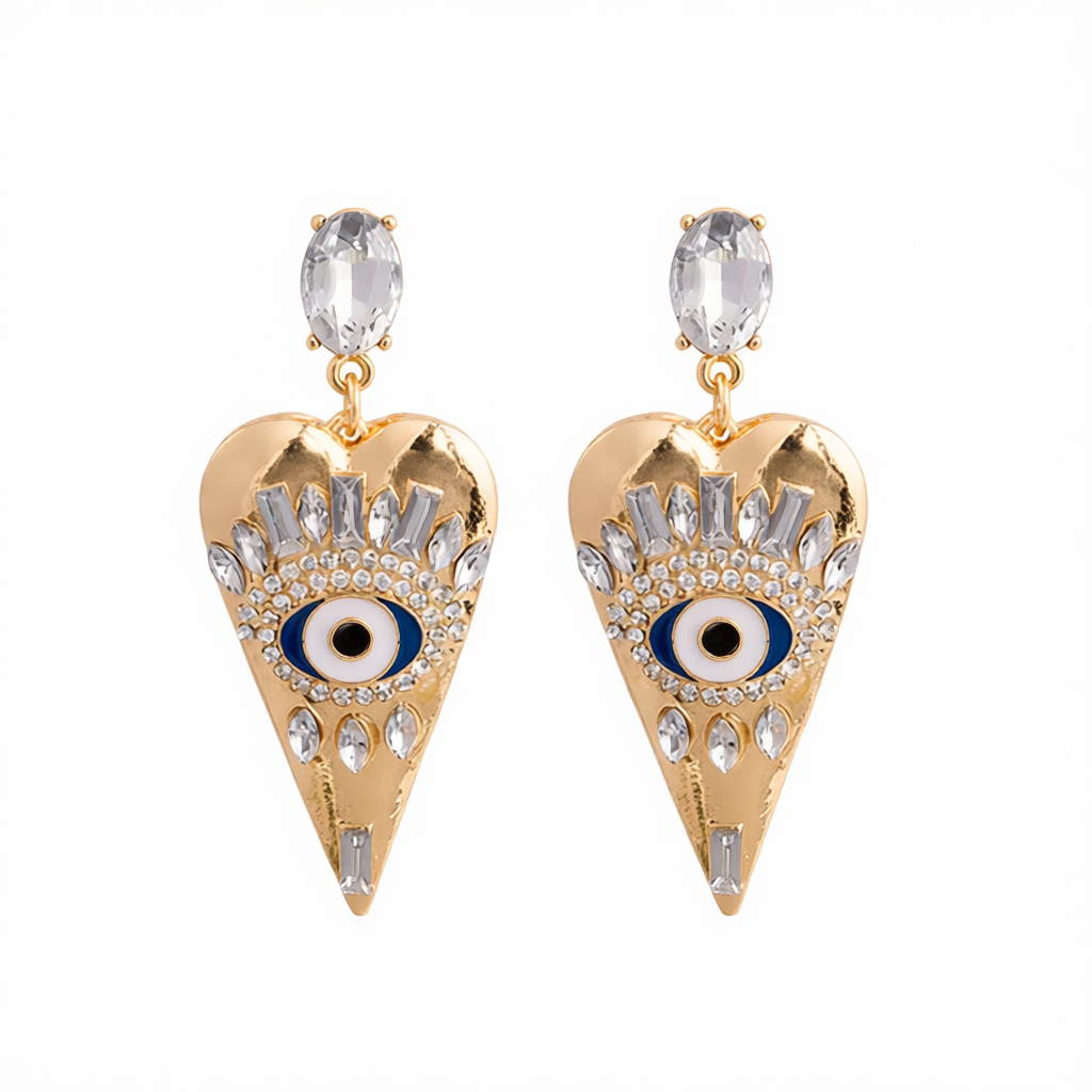 Crystal & Cubic Zirconia Eye Pinted Heart Drop Earrings