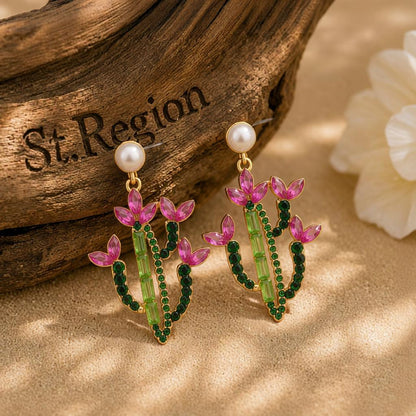 Pink Crystal and Cubic Zirconia Cactus Drop Earrings, drop earrings for women, everyday style, front view