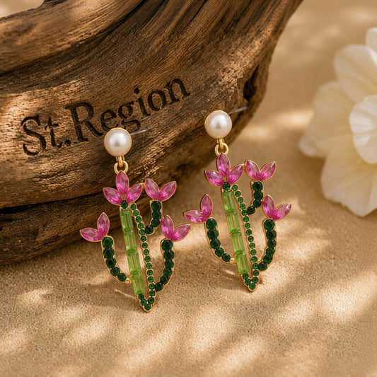Pink Crystal & Cubic Zirconia Cactus Drop Earrings