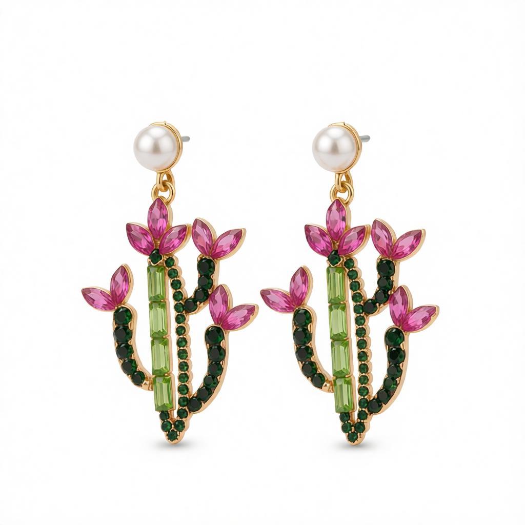 Pink Crystal and Cubic Zirconia Cactus Drop Earrings, drop earrings for women, everyday style, side view