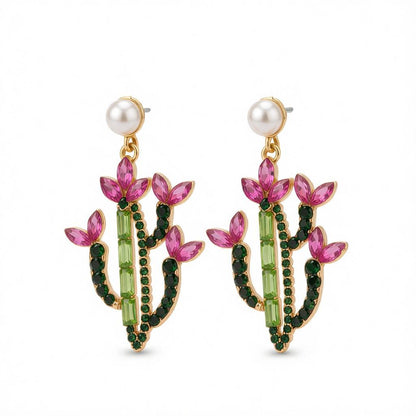 Pink Crystal and Cubic Zirconia Cactus Drop Earrings, drop earrings for women, everyday style, side view