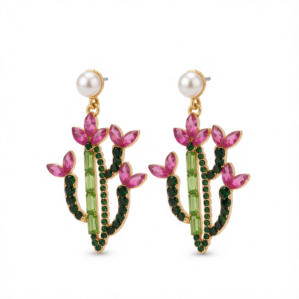 Pink Crystal & Cubic Zirconia Cactus Drop Earrings