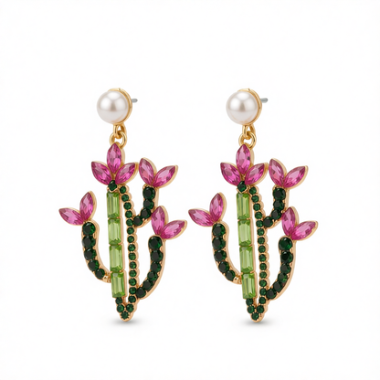 Pink Crystal & Cubic Zirconia Cactus Drop Earrings