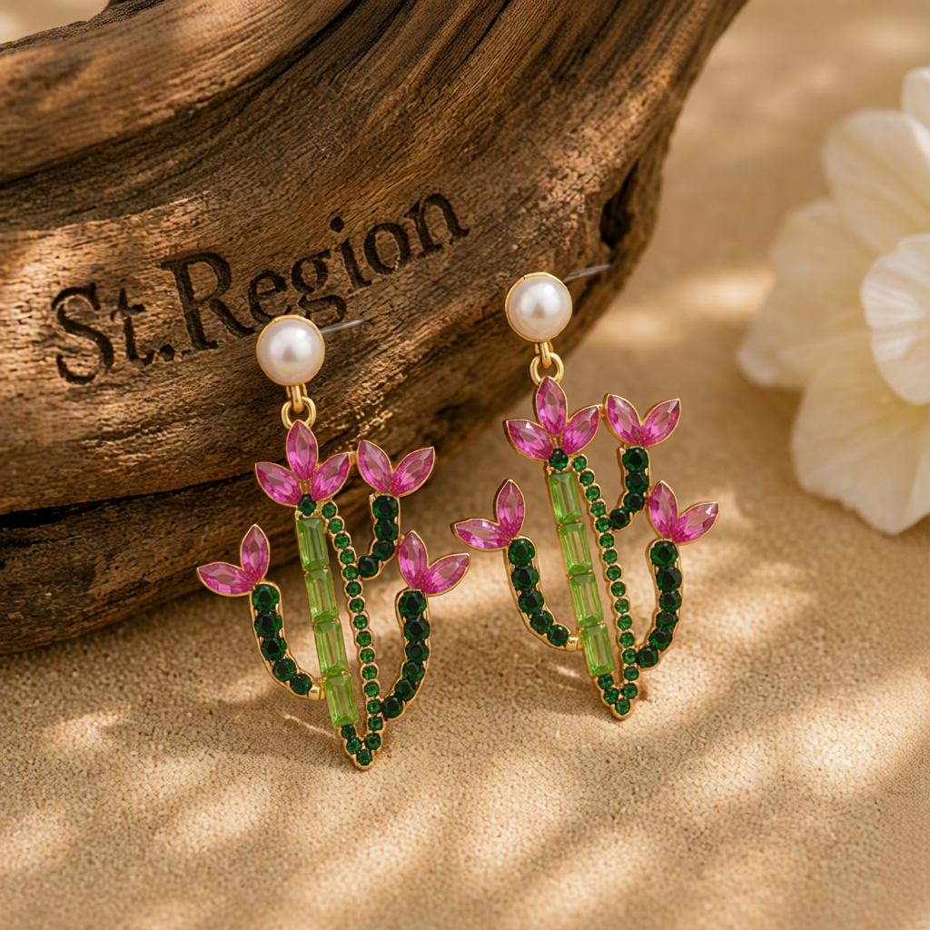 Pink Crystal & Cubic Zirconia Cactus Drop Earrings