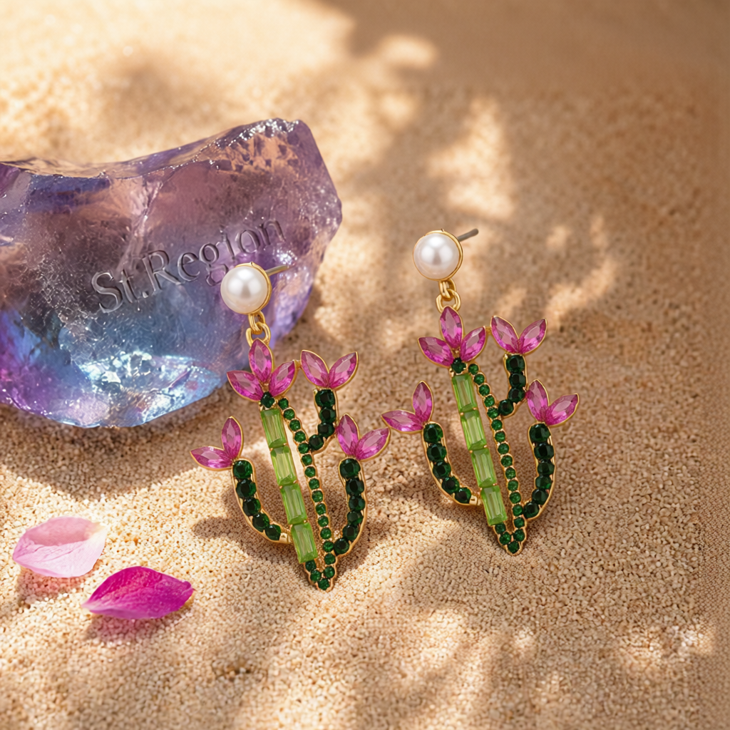 Pink Crystal & Cubic Zirconia Cactus Drop Earrings