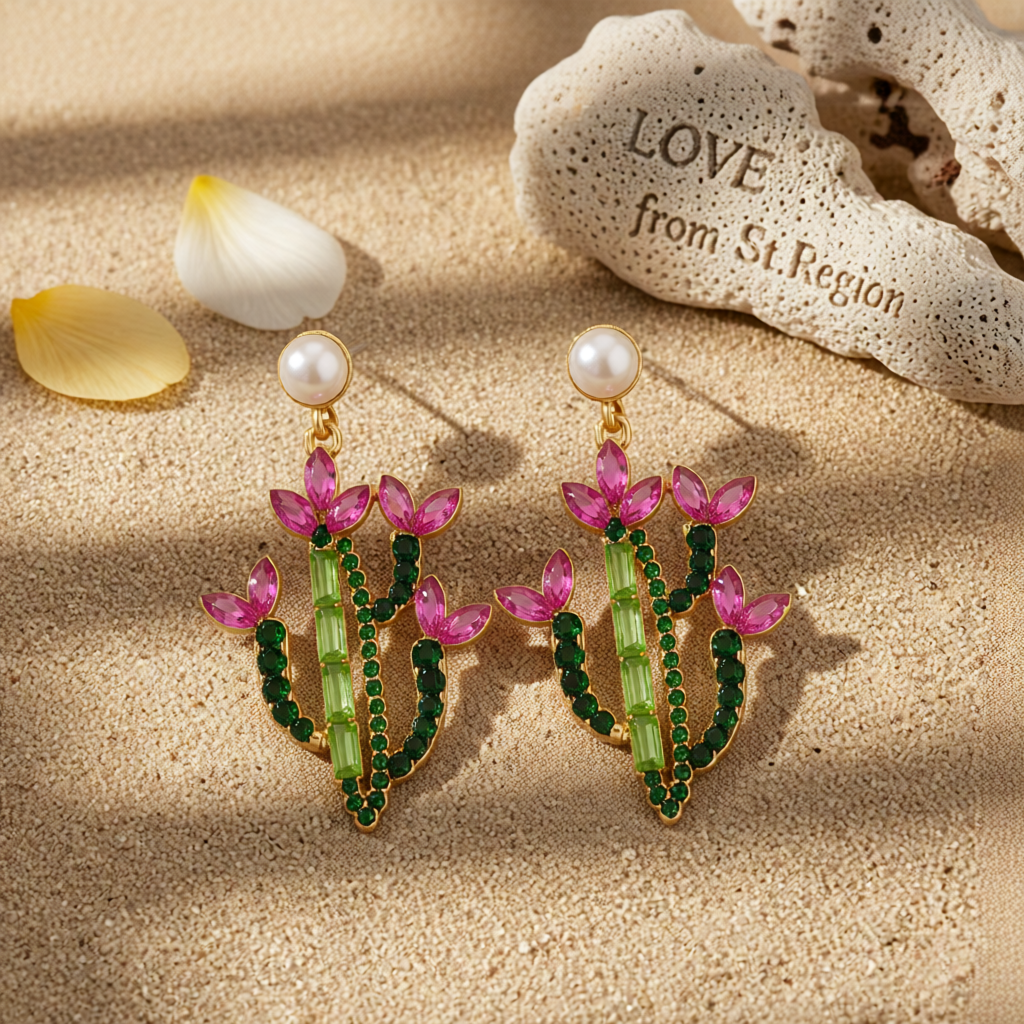 Pink Crystal & Cubic Zirconia Cactus Drop Earrings