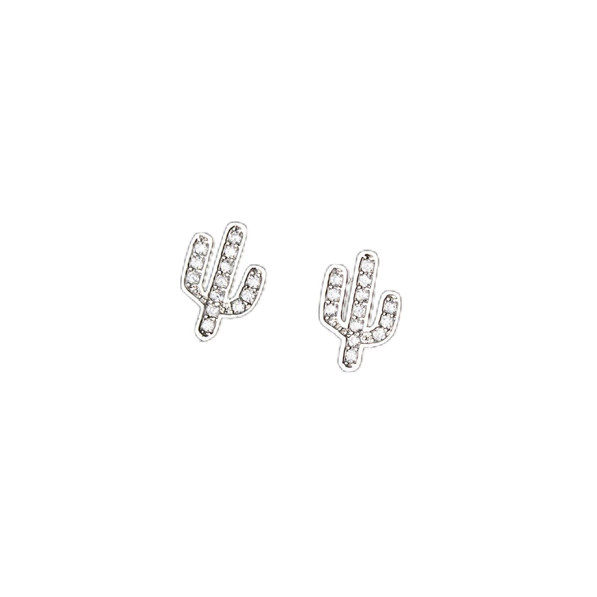 Cubic Zirconia & Silver-Plated Cactus Stud Earrings