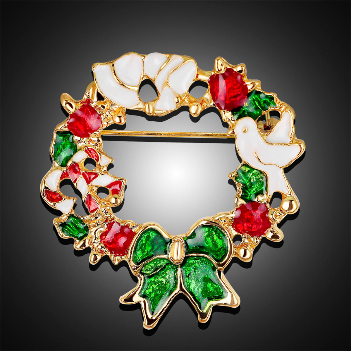 Multicolor Enamel & 18K Gold-Plated Bird & Bow Circle Brooch