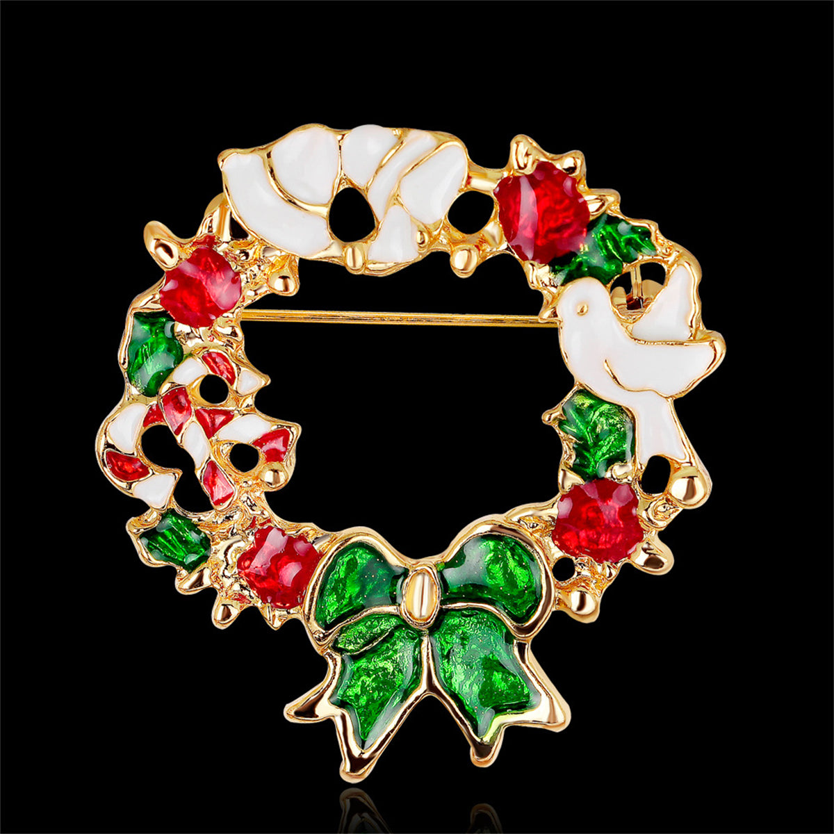 Multicolor Enamel & 18K Gold-Plated Bird & Bow Circle Brooch